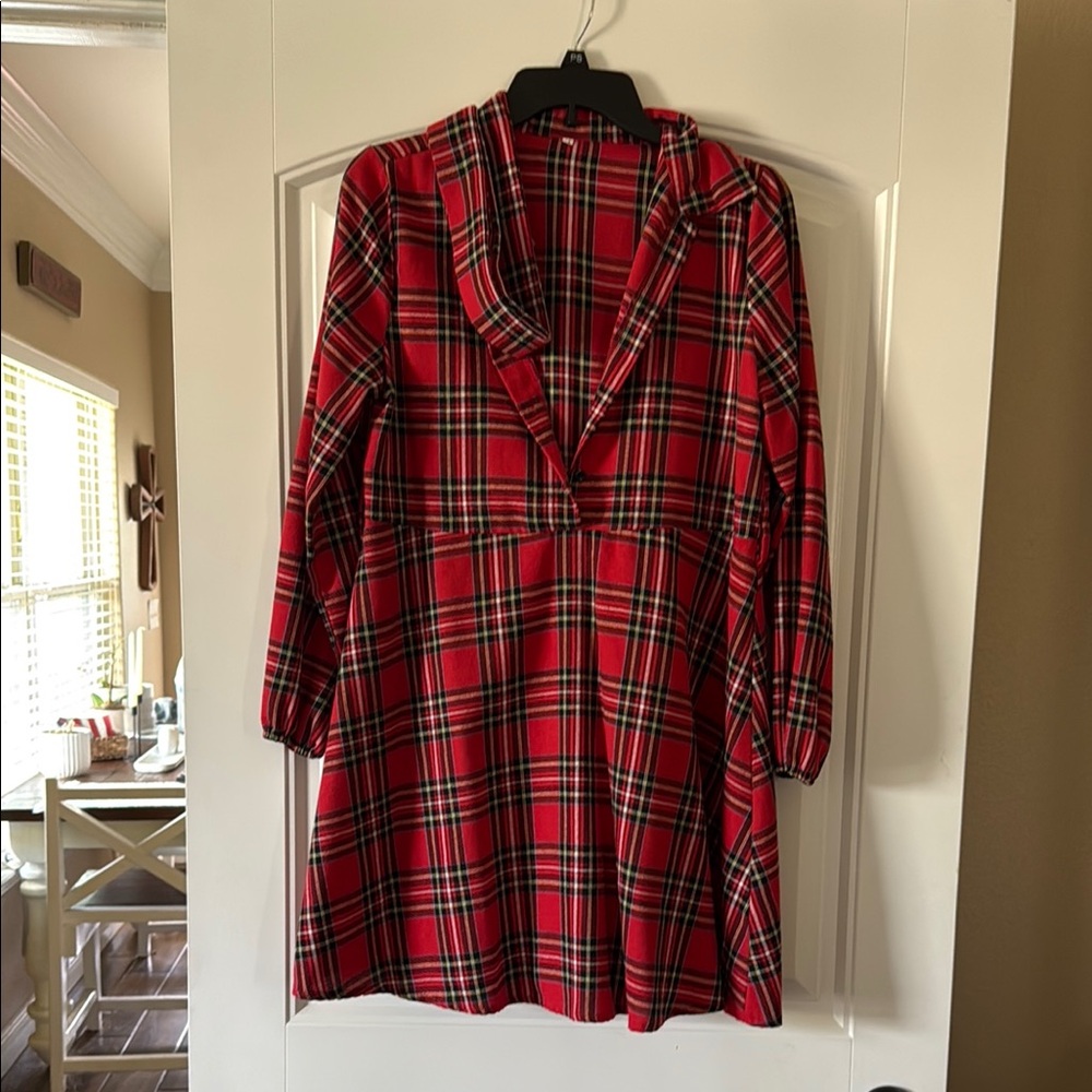 SHEIN Red Plaid Long Sleeve V-Neck Dress